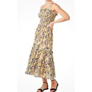 Temperly London Maxi Dress Green Cotton Reef Print Smocked Bust Tiered Skirt 12